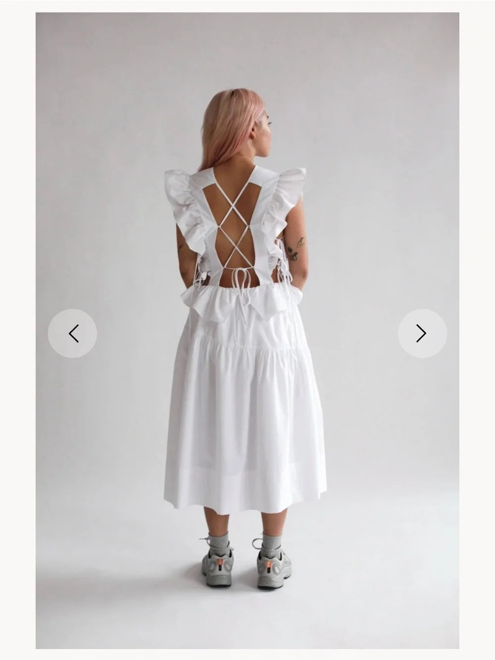 LSG Allina Liu • White Ruffle Side-Tie Midi Dress - Picture 4 of 10